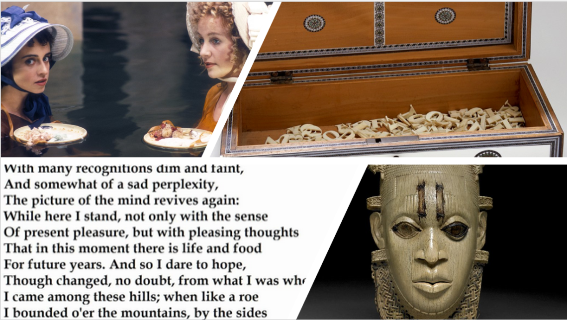 A scene from Naorthanger Abbey, an alphabet box, a verse paragraph from "Tintern Abbey," and a Benin mask
