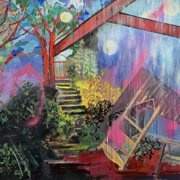 A Welcoming Place: acrylic, spray paint, collage, stencil on paper laid on wood panel, 2024