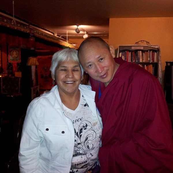 Visiting Tibetan Buddhist monk Cowichan Elder F James with Geshe YongDong; field trip in ANTH/PSYC 338 "Death & Dying." 24 January 2014.