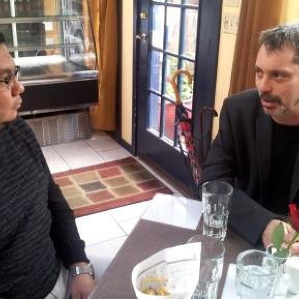 Maynard Johnny & Paul Manley Anth 112 student and Coast Salish artist, Maynard Johnny with water activist and film-maker, Paul Manly - Cowichan Campus guest speaker. FPSE (Federation of Post secondary Educators) tour promoting and engaging in initiatives