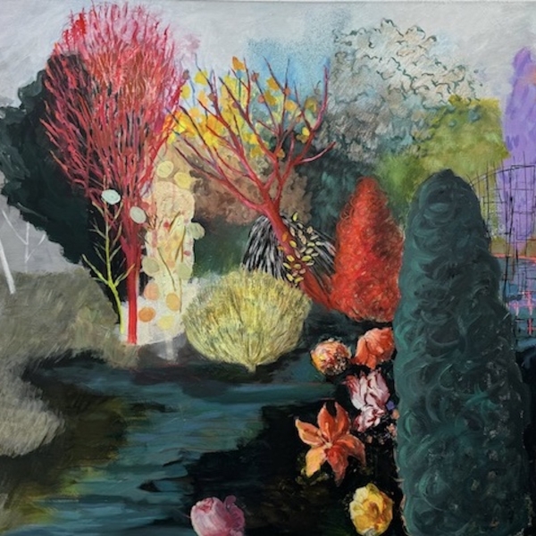 Over the Earth the Grass is Singing: acrylic, spray-paint, stabilo pencils on wood panel, 2024