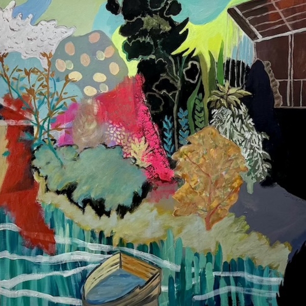 Children Play in This Yard: acrylic and spray-paint on wood panel, 2024