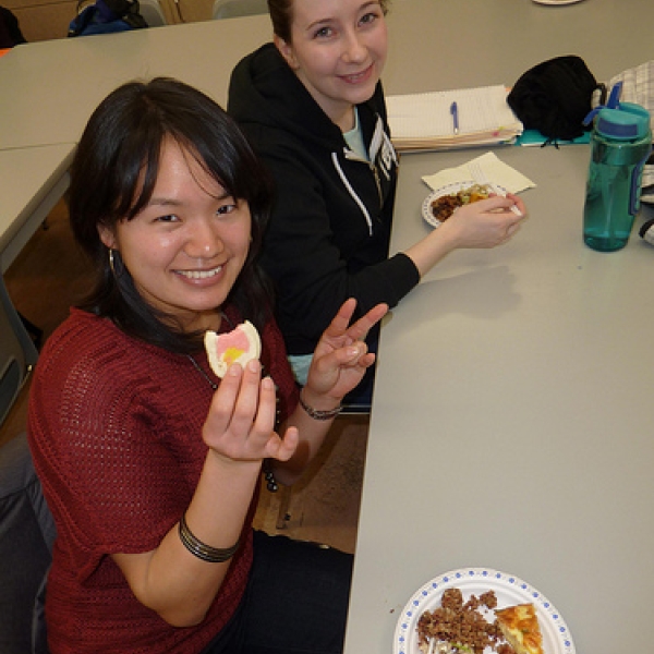Happy to try different foods Hotaru and Karli enjoying their food choices!