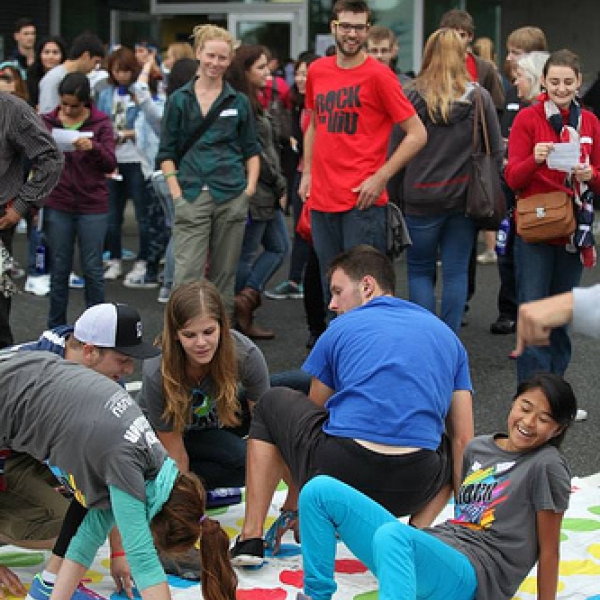 Rhy in a red Rock VIU t-shirt New Student Orientation August 29, 2013. Photo courtesy of VIU staff photographer.