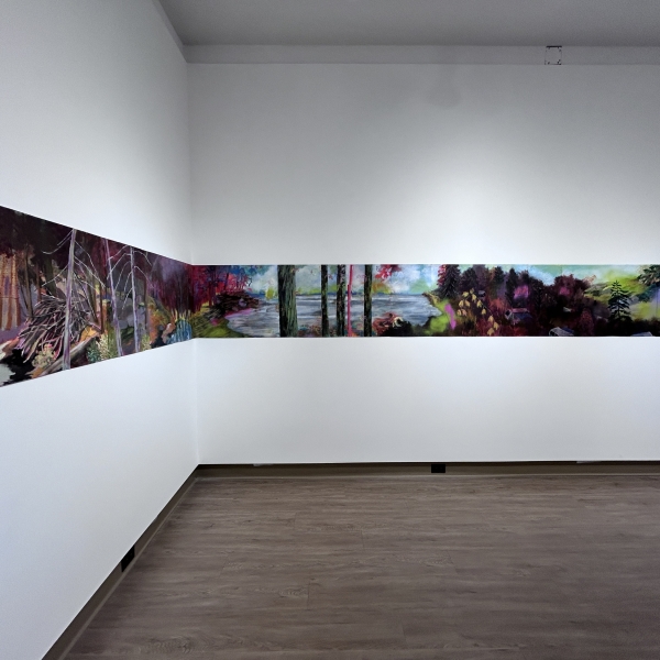 Walking Towards What Used to be a Lake: acrylic, spray paint, collage on paper 2023