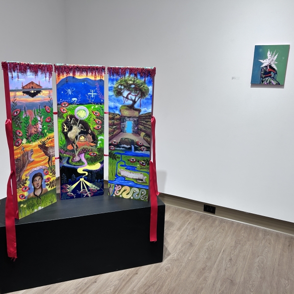 Sarah Alexander, (left) Triptych, oil on wood panel, 2025, (right) Untitled, oil on canvas, 2025