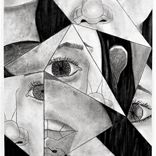 Natasha Vaswaney, Cubism Self-Portrait, charcoal on stonehenge paper