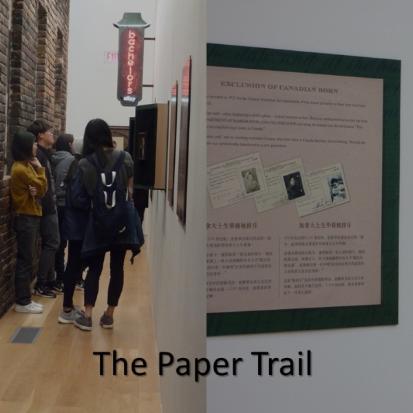 ANTH 390E field trip to the Chinese Canadian Museum. Split image of students viewing Bachelor's Alley and explanatory panel.
