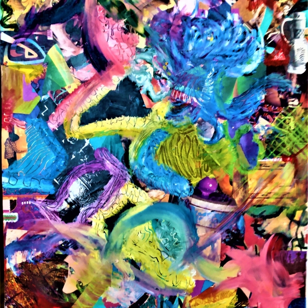 Tamara Tracksell, Whirlwind of Dreams, paint sticks, oil pastels and collage