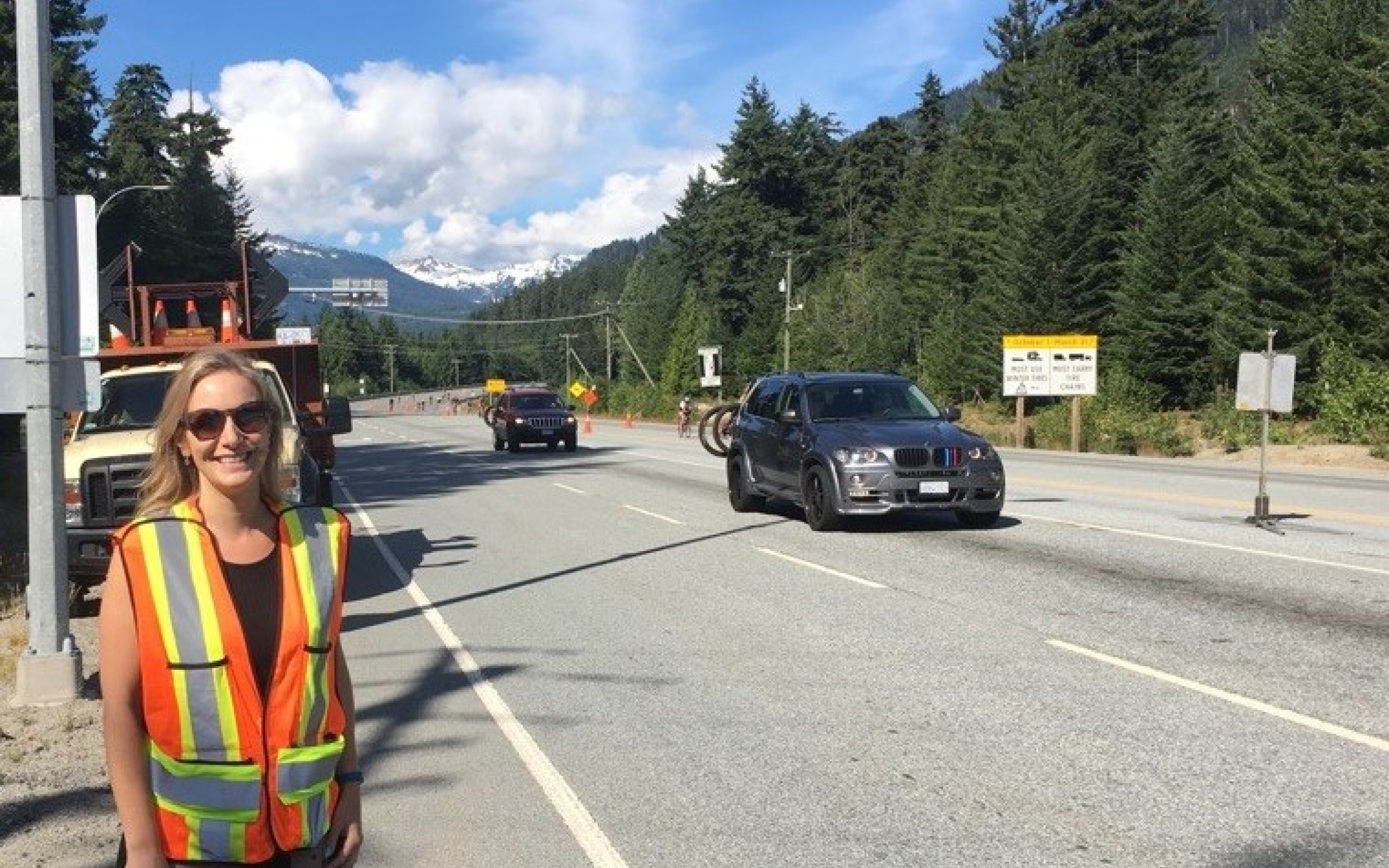 Amy Barker near Whistler - working during a road cycling event (Ironman).