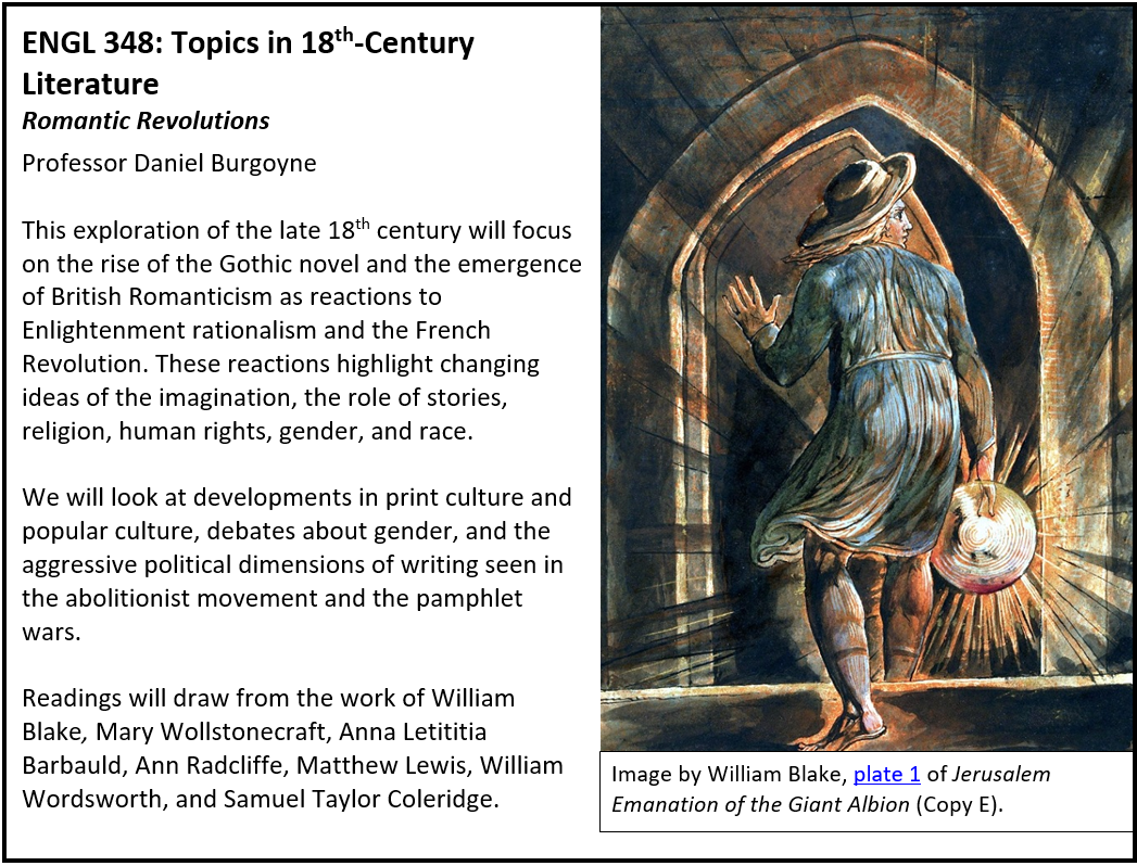 This exploration of the late 18th century will focus on the rise of the Gothic novel and the emergence of British Romanticism as reactions to Enlightenment rationalism and the French Revolution. 