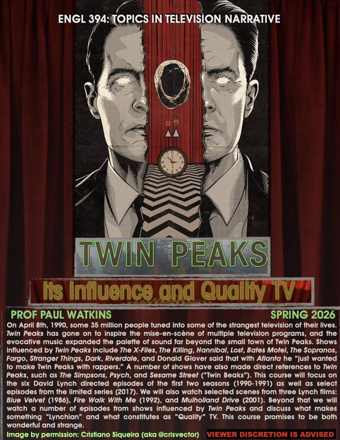 Poster for English 394: Topics in Television Narrative: Twin Peaks: Its Influence and Quality TV