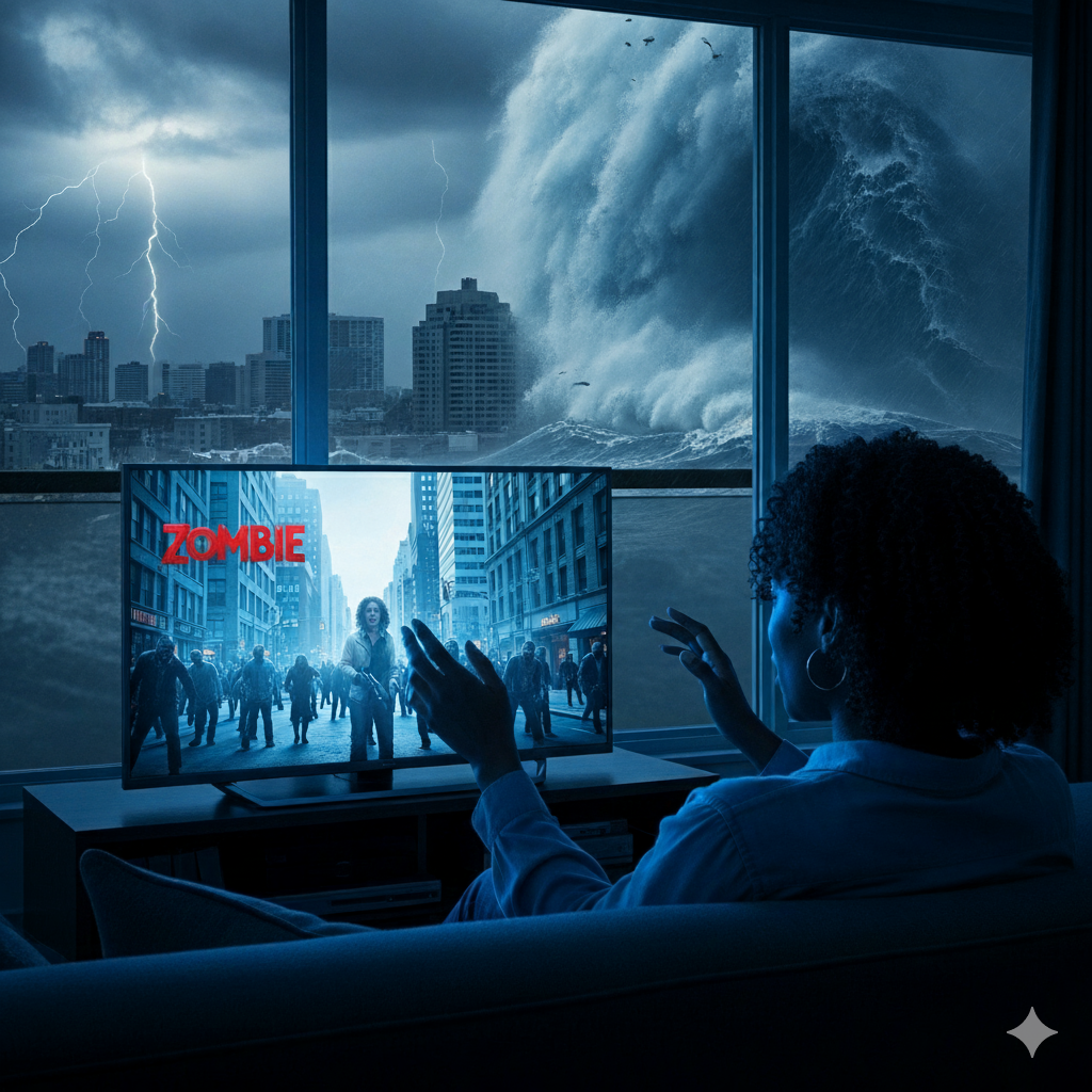 “A woman watches a zombie tv show while, through the window, a tidal wave approaches.” 