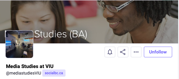 A screenshot showing the top banner and buttons from the Media Studies VIU social media feed at socialbc.ca/@mediastudiesVIU