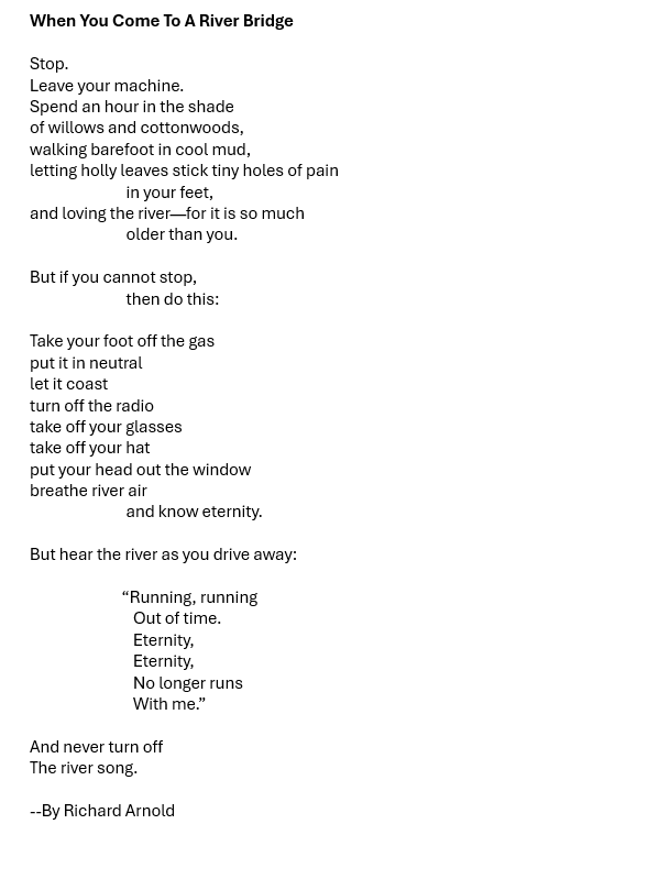 When You Come To A River Bridge  Stop. Leave your machine. Spend an hour in the shade of willows and cottonwoods, walking barefoot in cool mud, letting holly leaves stick tiny holes of pain            in your feet, and loving the river—for it is so much 	