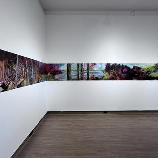 Walking Towards What  Used to be a Lake:  acrylic, spray paint, collage on paper  2023