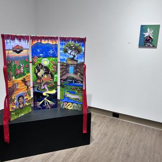 Sarah Alexander, (left) Triptych, oil on wood panel, 2025, (right) Untitled, oil on canvas, 2025