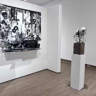 Tarah Dowling, (left) A Deconstructed Childhood, wood, plastic, paper, acrylic, found objects, 2025, (right) Duality, wood, metal, clay, 2025