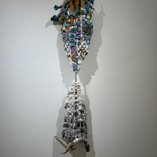 Hanging By a Thread, acrylic on cotton, with dear antler, Julia Knowlden