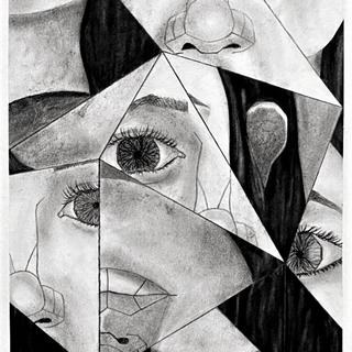 Natasha Vaswaney, Cubism Self-Portrait, charcoal on stonehenge paper