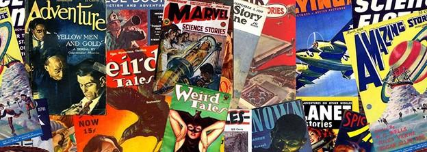 A colorful montage of covers of 1950s pulp fiction books