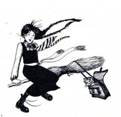 A girl dressed with long pigtails, dressed in a school uniform, riding on a broomstick, with a cat being carried in her satchel.