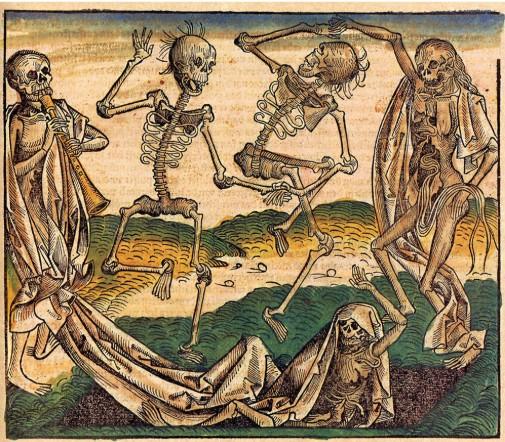 Four skeletons dancing above another skeleton emerging from a grave.