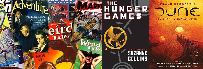 Images of pulp magazine covers as well as the covers of The Hunger Games and the graphic adaptation of Dune.