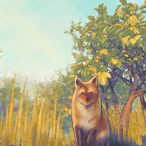 a watercolour red-brown fox sits amid long grasses trees and blue sky